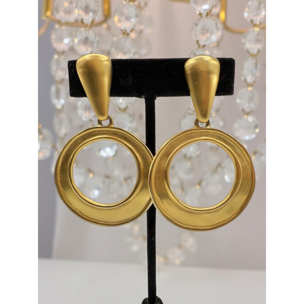 Vintage Anne Klein Brushed Gold Hoop Drop Clip On Earrings 80s